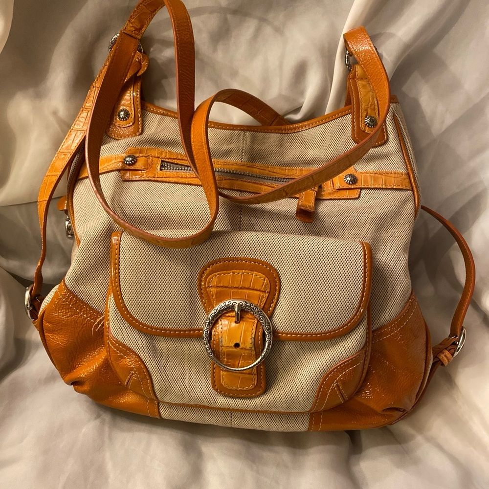 Brighton $299 Handbag D705674 Canvas&Leather Charm Tan Orange Pockets Nearly New